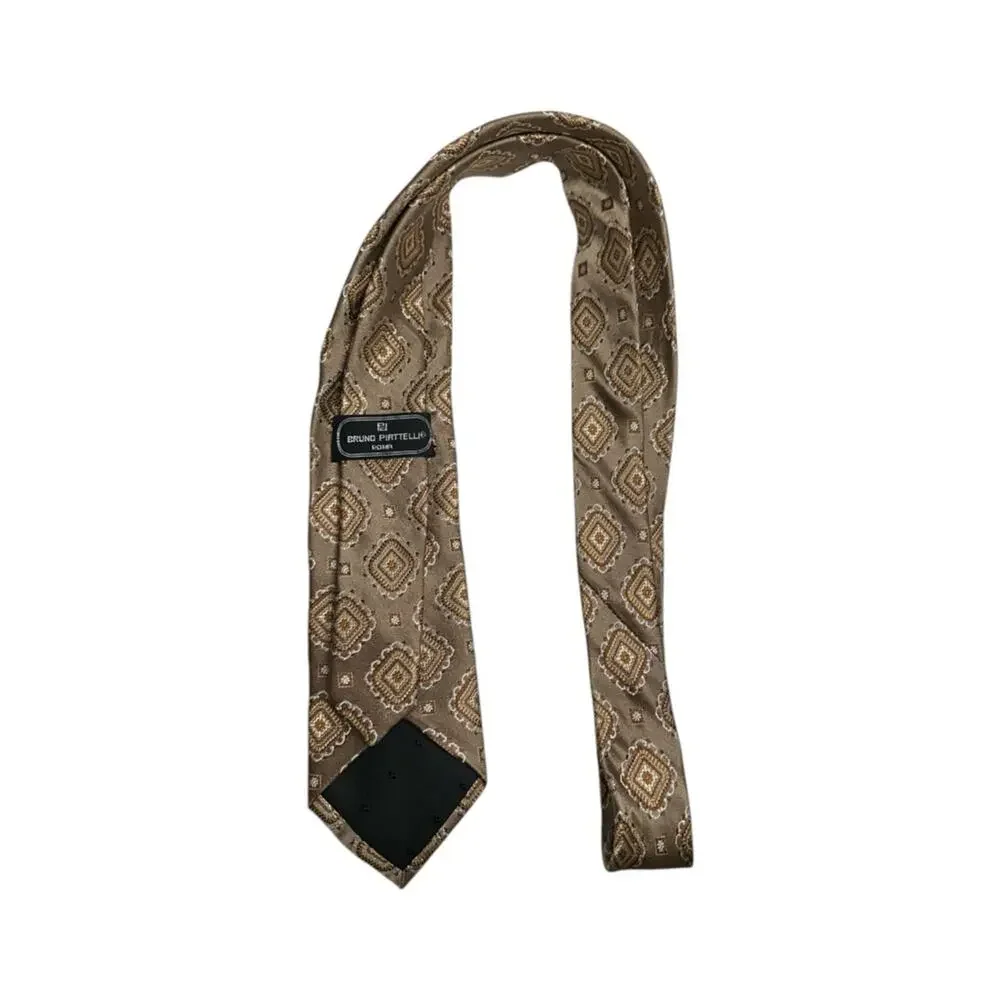 Bruno Piattelli Roma Vintage Tan Brown Textured Geo Print Silk Necktie Tie